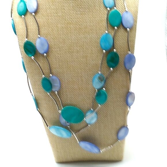 Triple Strand Shell Disc Necklace Turquoise Blue Silver-tone Tube Spacers - Picture 8 of 13
